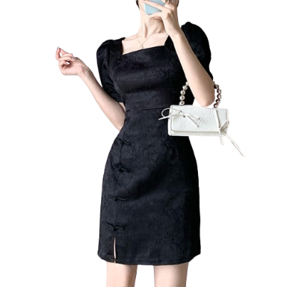 Lovito Women Elegant Plain Zipper Split Front Button Dress LNA30108 (Black)