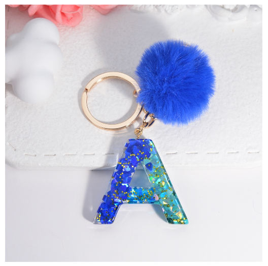 Exquisite Blue Pompom A-Z 26 Letter Keychain Glitter Heart Sequin Filled Initials Keyrings Bag Accessories Charm Car Keyholder A