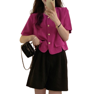 Lovito Casual Plain Button Split Blouse for Women LNA14131 (Hot Pink)