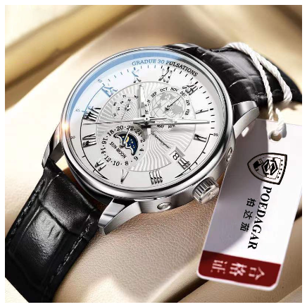 POEDAGAR watch for men water proof original 2023 new fashion multifunctional genuine leather calendar display wristwatch Watch SILVER WHITE