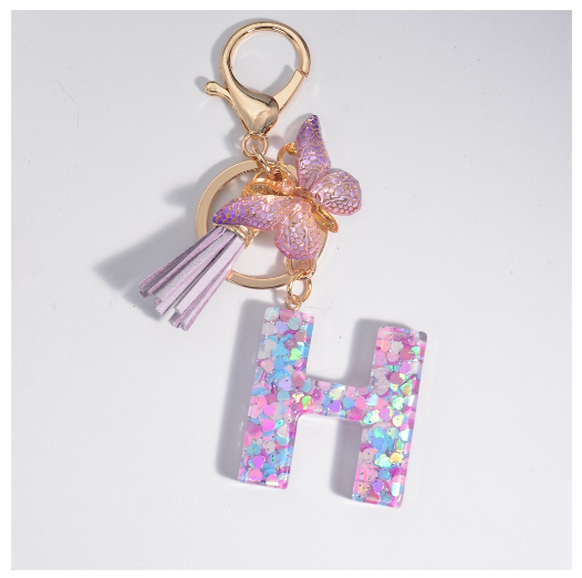 Sweet Heart Sequin Filled A-Z Letter Keychains With Tassel Fashion Butterfly 26 Alphabet Keyring Car Keyholder Birthday Gifts H