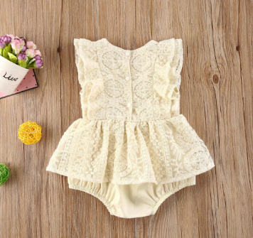 Baby Girls Sleeveless Lace Fashion Round Neck Solid Color Romper