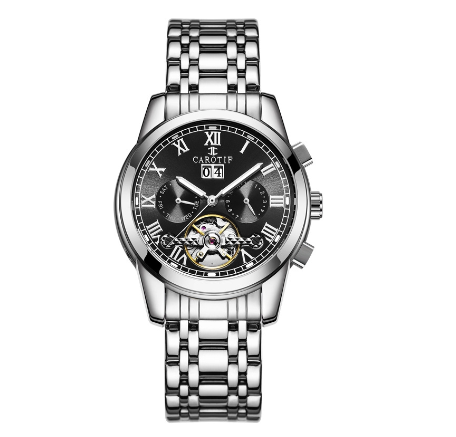 CAROTIF Automatic Tourbillon Watch for Men - Gold Skeleton Luxury Stainless Steel Calendar F6002C 12