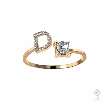 26 Letter Rings Cubic 14K Gold Promise Ring Diamond Ring Wedding 925 Silver Ring Adjustable Size D