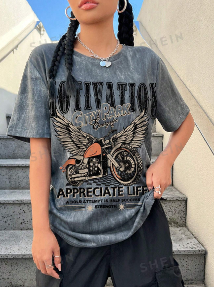 SHEIN EZwear Festival Outfits Motorcycle Slogan Printed Round Neck Short Sleeve T-Shirt, Suitable For Summer Women MOTIVATION CITY PARK Energetic APPRECIATE LIFE A BOLD ATTEMPT IS HALF SUCCESS STRENGT