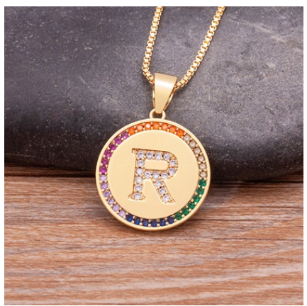 New Arrival Luxury A-Z Initial 26 Letters Pendant Charm Chain Necklaces High Quality Zircon Rainbow Jewelry R
