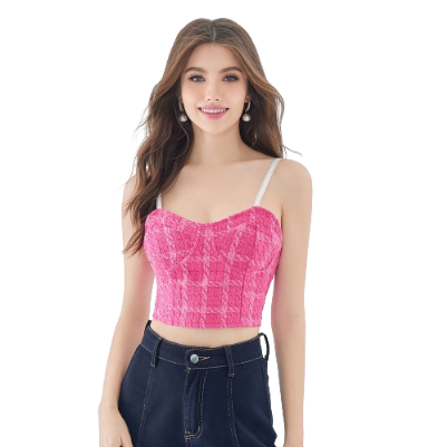 Lovito Elegant Plaid Contrast Tape Zipper Pearls Stitching Sweetheart Tank Top for Women L49ED014 (Pink)