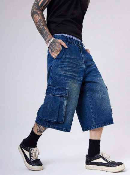 Manfinity Denimwave Y2K Vintage Streetwear Men Nostalgic Cargo Pocket Denim Relaxed Shorts JORTS