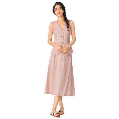 Lovito Women Boho Plain Split Front Round Structure Line Skirt Sets L71ED127