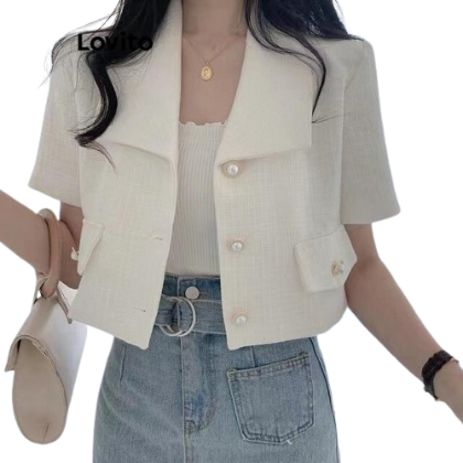 Lovito Women Casual Plain Button Front Pearls Fake Pocket Blazer LNA39043 (White)