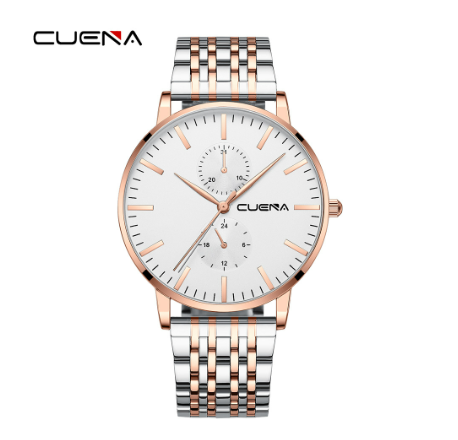 CUENA Original Brand New Men's Watch Fashion Business Luxury Automatic Calendar Sports Stainless Steel Wrist Strap Waterproof  Watch SILVER ROSEGOLD WHITE
