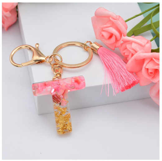 Pink Tassel Gold Foil 26 Letter Pendent Keychain for Women Resin Keyrings Girls Bag Ornamant Accessories Gifts T