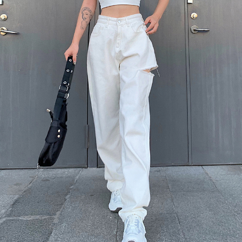 Hole Solid Color High Waist Trouser Casual Long Pants