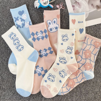 Spring and Summer Mid tube Student Socks Female's Ins Fashion Versatile High Beauty Value Sen Series Cute Rabbit White Socks Sweet