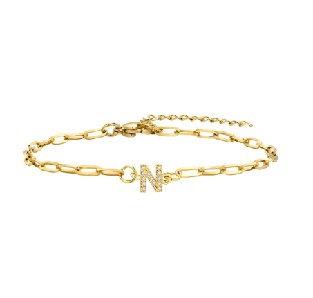 Vnox 18K Gold Zircon Initial Bracelet,Letter Charm Link Stainless Steel Flat Cross Bracelet N