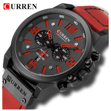 Curren Top Luxury Brand Military Leather Men's Waterproof Sports Quartz Chronograph Watch Date Fashion Casual 8314X BLACK RED
