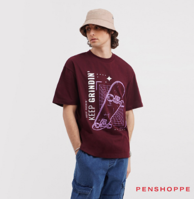 Penshoppe Keep Grindin Modern Fit Graphic T-Shirt For Men (Maroon