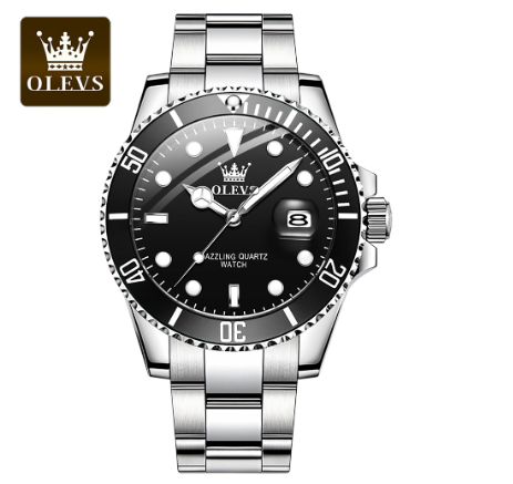 Olevs Watch For Men Waterproof Silver Green Relo With Box Luxury Business Luminous Stainless Steel Wrist Watches BLACK DIAL SILVER STRAP