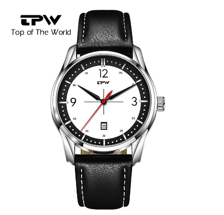 TPW Men Watch Fabric Strap Wrist Watches White Dial Date Window Calender Quartz Watch BLACK LEATHER