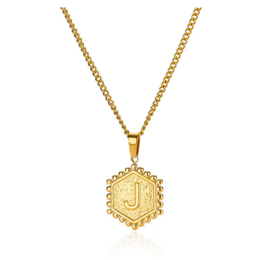 Fashion Hexagon A-Z Letter Necklaces For Women Stainless Steel Initial Hexagon Pendant Necklace J