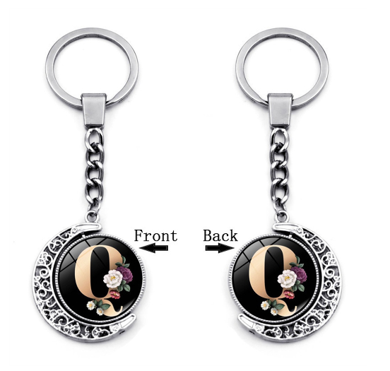 1PC Exquisite 26 Letter Glass Keychains Double Sides Moon Flower A-Z Initials Keyrings Handbag Charms Ornaments Gifts Q
