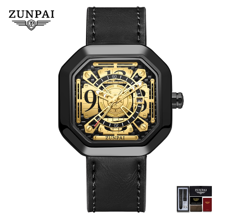ZUNPAI Watch for Men's Original Waterproof Stainless Steel Leather strap Silver Gold Fashion Luminous Watch BLACK GOLD