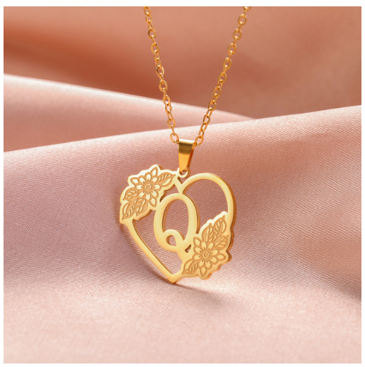 A-Z Initial Flower Necklace Women Stainless Steel Letter Heart Pendant Necklace Choker Q