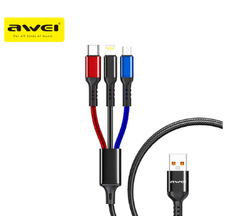 Awei CL-971 Fast Charger Multi Charging Cable For Type C,Lightt-ning And MicroUSB Cables Cord 1.2m