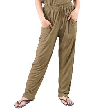 INSPI Chic Plain Ribbed Pants for Women Korean Casual Rib Knitted Pajama Plus Size Wide Baggy Pant (Tan)