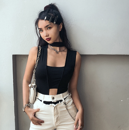 Women Patchwork Choker Cut Out Bodysuit