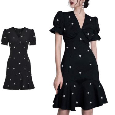 Lovito Women Elegant Ditsy Floral Pattern Ruffle Hem Dress L68ED181 (Black)