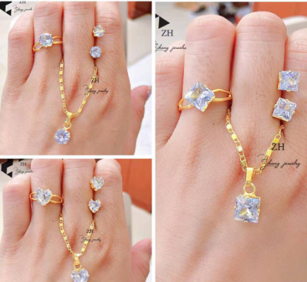 Zihang Jewelry 24K Gold Plated Single Stone 3in1 Jewelry Set With Adjustable Ring