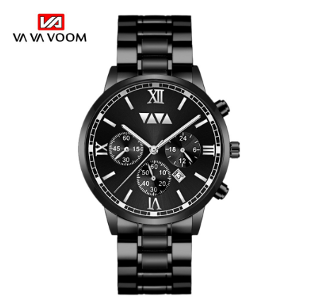 VA VA VOOM Fashion Men's Watches Top Brand Luxury Business Watch Calendar Waterproof Leather Quartz Watch BLACK