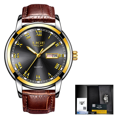 LIGE Watch For Couple Original Waterproof Stainless Steel Silver/Gold Fashion Business Trend Calendar Luminous Watches LEATHER GOLDEN BLACK