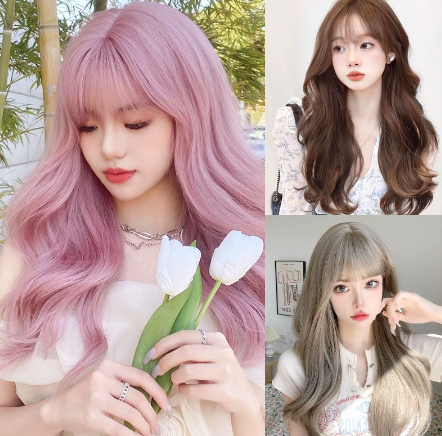 Wigs for Women Female Long Curly Hair with Air Bangs Big Wave Natural Fluffy Wig Full Headgear Wigs
