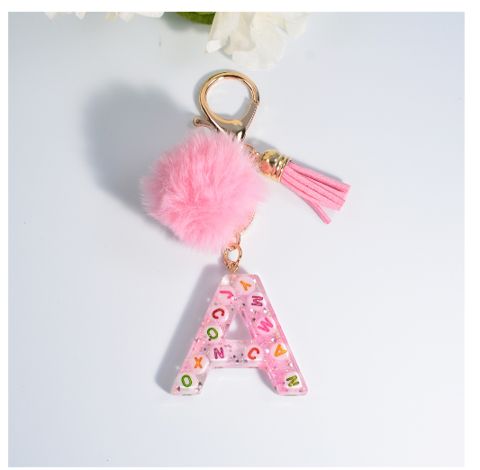 Exquisite Pink A-Z Letter Resin Keychain With Hairball 26 Initials Keyring Charms Women Bag Ornament Best Festival Gift A