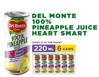 DEL MONTE 100% Pineapple Juice Drink Heart Smart with Reducol for Lower Cholesterol - 220ml x 6