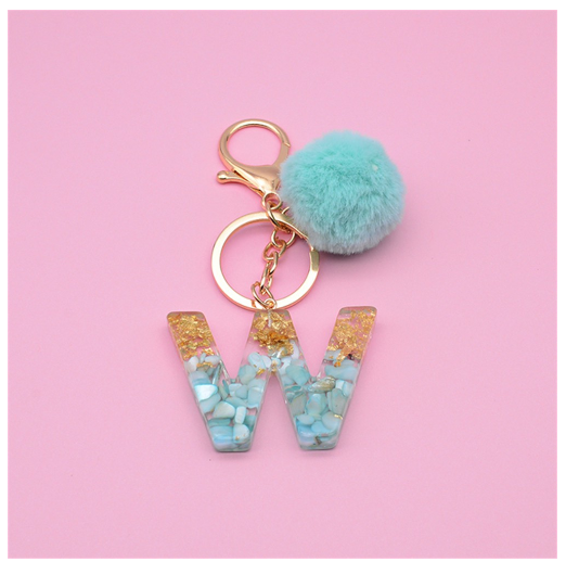 Cute Keyring Green Pompom Fur Ball 26 Letter Keychain Resin Key Chains Handbag Charms For Woman Ornaments Accessories Gift W