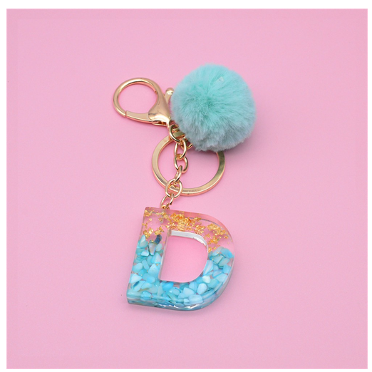 Cute Keyring Green Pompom Fur Ball 26 Letter Keychain Resin Key Chains Handbag Charms For Woman Ornaments Accessories Gift D