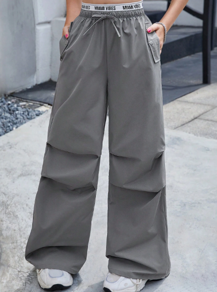 SHEIN Teen Girls' Grey Deconstructed Cargo Wide Leg Pants Functional Design Loose Casual Sports Trousers