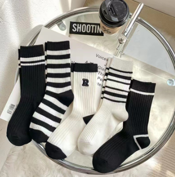 Female Tube Socks Autumn and Winter Korean version of Striped fashion web red embroidered school wind pile socks