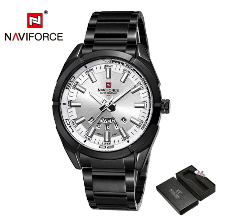 Naviforce NF9038 Men Top Brand Full Steel Waterproof Casual Quartz Date Sport Military Wrist Watch WHITE DIAL BLACK CASE STRAP