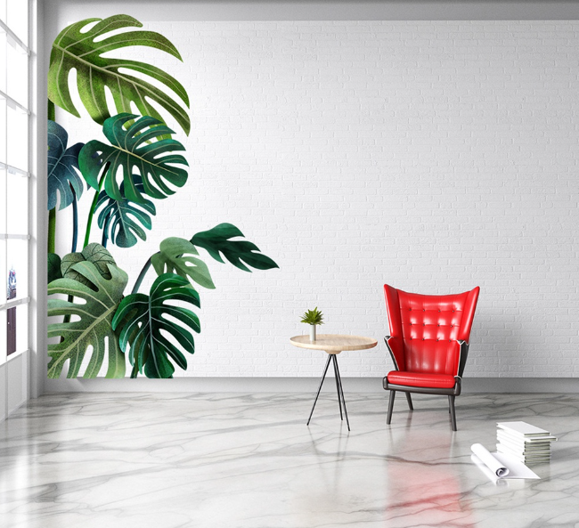 2Pcs Self-Adhesive Leaves Wall Sticker PVC Tropical Plant Background Sticker Home Decor