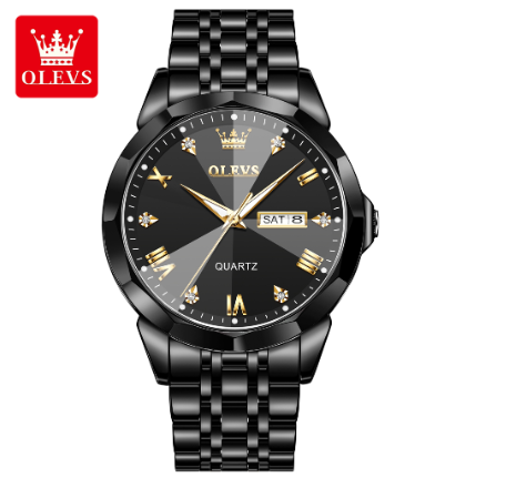 Olevs Original Watch For Men Water Proof Stainless Steel Business Fashion Relo Quartz Analog Calendar Luminous Wrist  Watch BLACK DIAL BLACK STRAP
