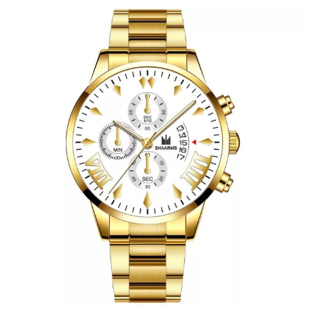 Fashion Men's Automatic Calendar Stainless Steel Analog Watch Business Waterproof Casual Men Quartz Wristwatches Relo Ng Kalalakihan GOLD WHITE