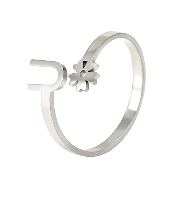 Stainless Steel A-Z Letter Ring For Women Girl Flower 26 Initial Name Adjustable Ring Trendy Birthday Jewelry Gift U