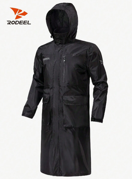 RODEEL Men's Waterproof Long Raincoat Hooded Rain Jacket Large Pocket Poncho For Outdoor Activities Spring Outdoor Apparel