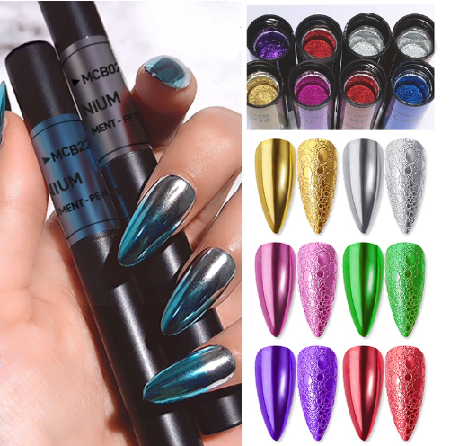 Nail Art Glitter Mirror Powder Air Cushion Magic Pen Chrome Effect Metallic Color For Decorations