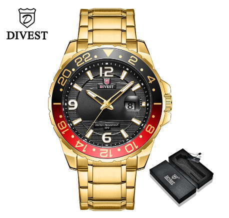 DIVEST Brand Men's Watches Fashion Waterproof Casual Sport Business Original Men Watch Quartz Calendar Luminous 9029 GOLD BLACK