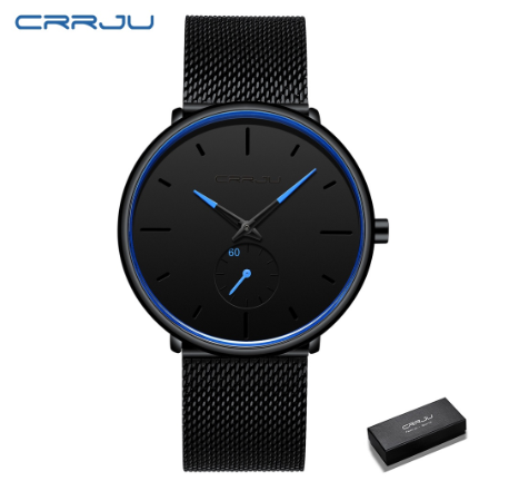 CRRJU Men's Fashion Black Stainless Steel Wrist Watch Waterproof Business Dress Watch for Men 2150S M11